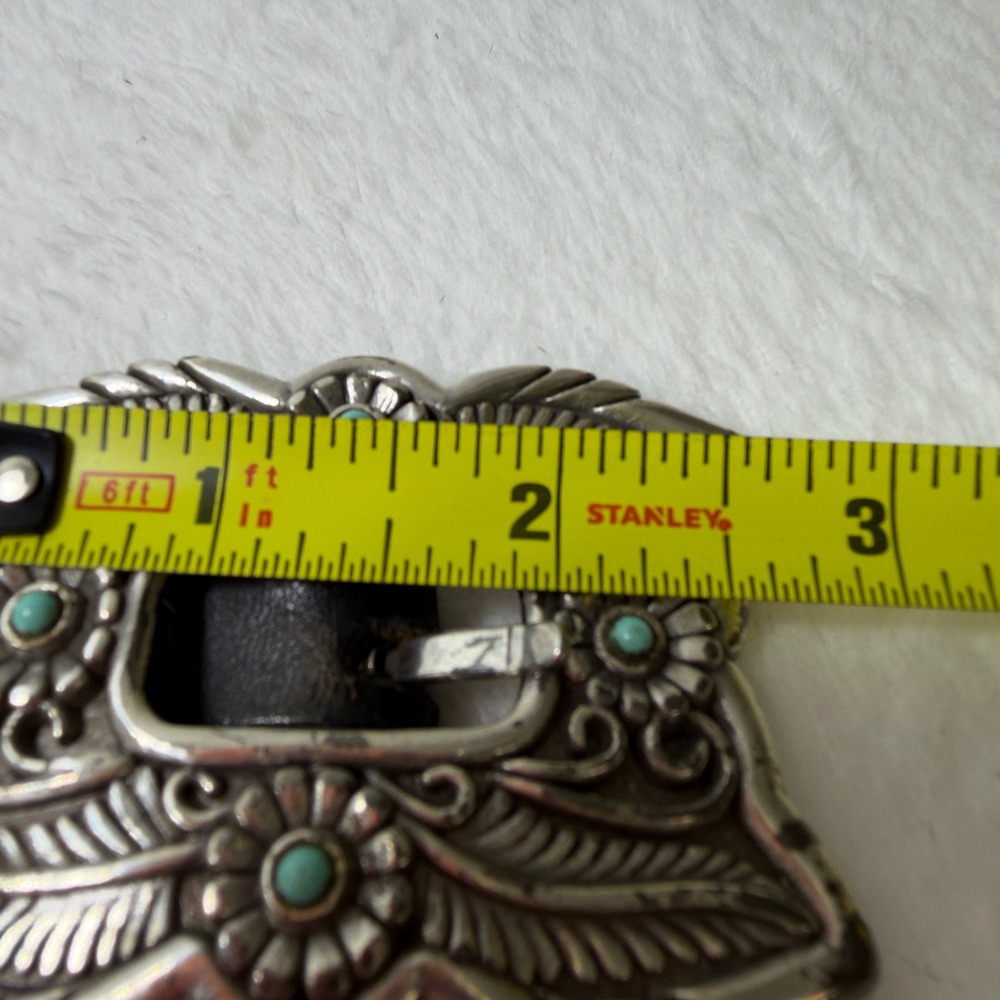 VTG Western Concho Belt Black Leather Silver Tone Turquoise Floral Engraved Slim - Picture 11 of 15